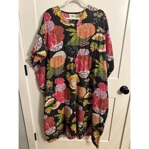 Handicraft Palace Kaftan Dress One Size Black Floral Cotton Boho Midi Lounge